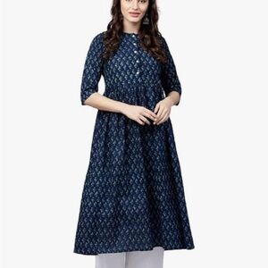 Indian Women XL Cotton Navy Floral Print Kurta Kurti Dress Tunic NWT Chandrakala
